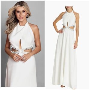 Jonathan Simkhai White Halter Gown with Jeweled Cutouts